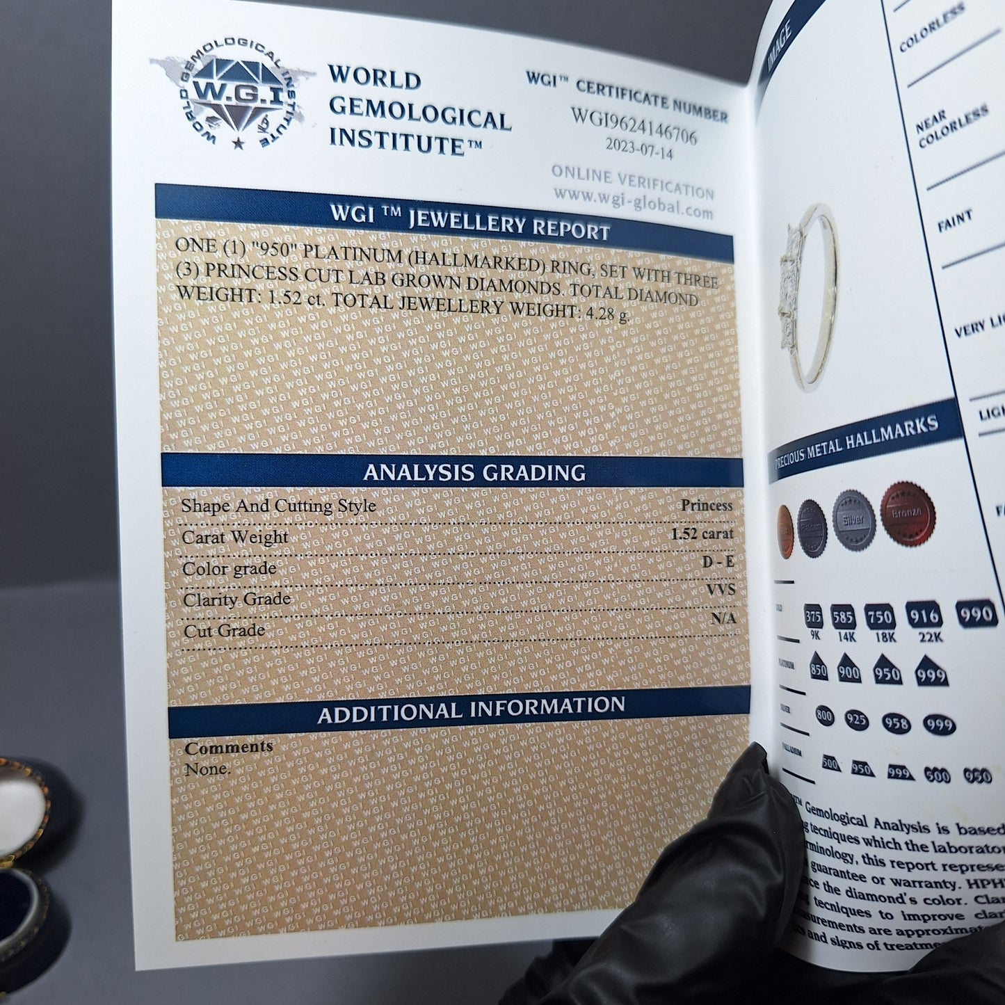 New Three Lab Grown Princess Cut Diamonds totalling 1.52ct on a Platinum Band With Official certificate