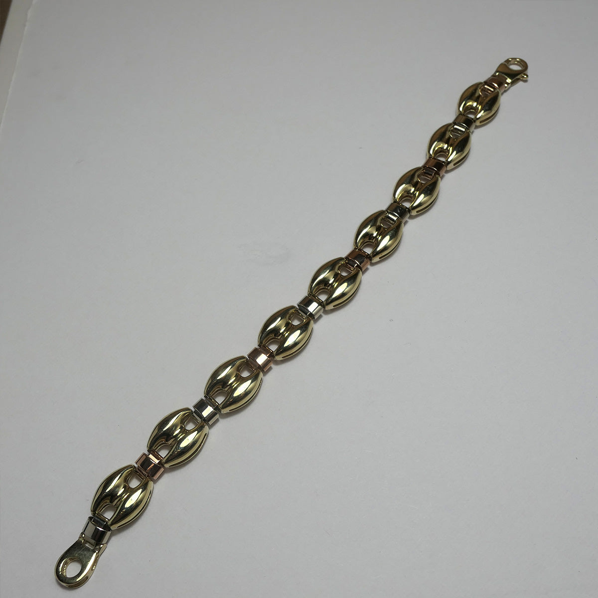 9ct Three Gold Puffed Anchor bracelet 7.5"