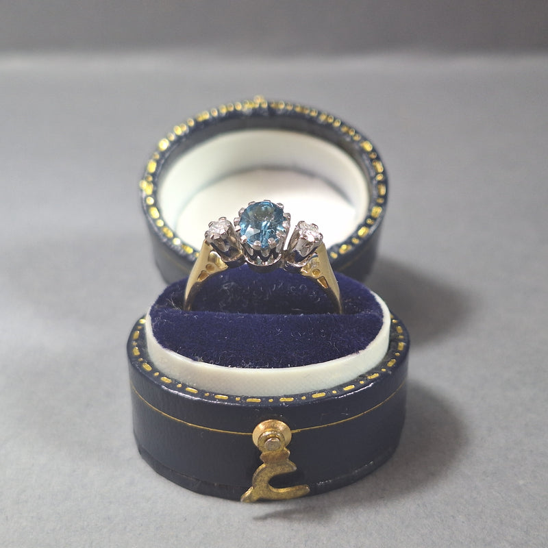 18ct Gold Blue Topaz and Diamond 3 Stone Ring