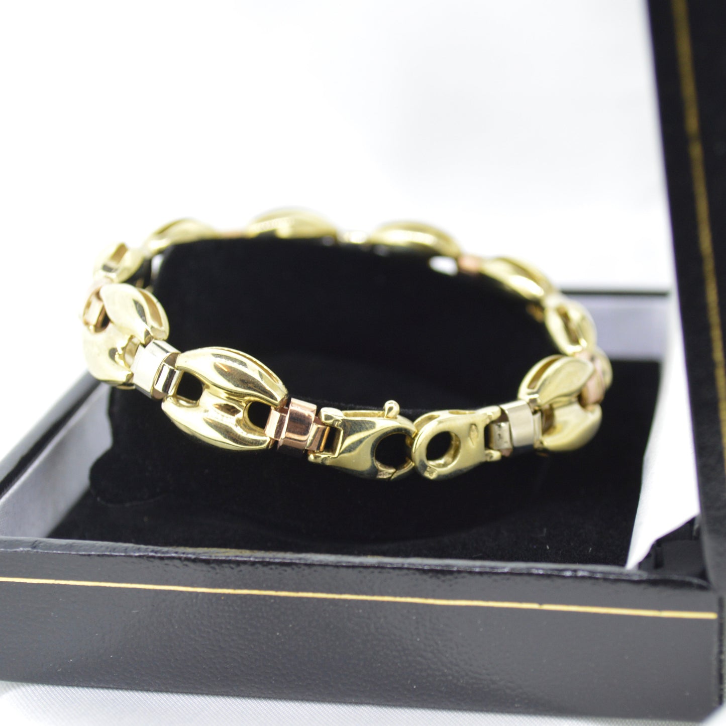 9ct Three Gold Puffed Anchor bracelet 7.5"
