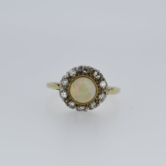 18ct Antique Cabochon Opal & Diamond Cluster Ring