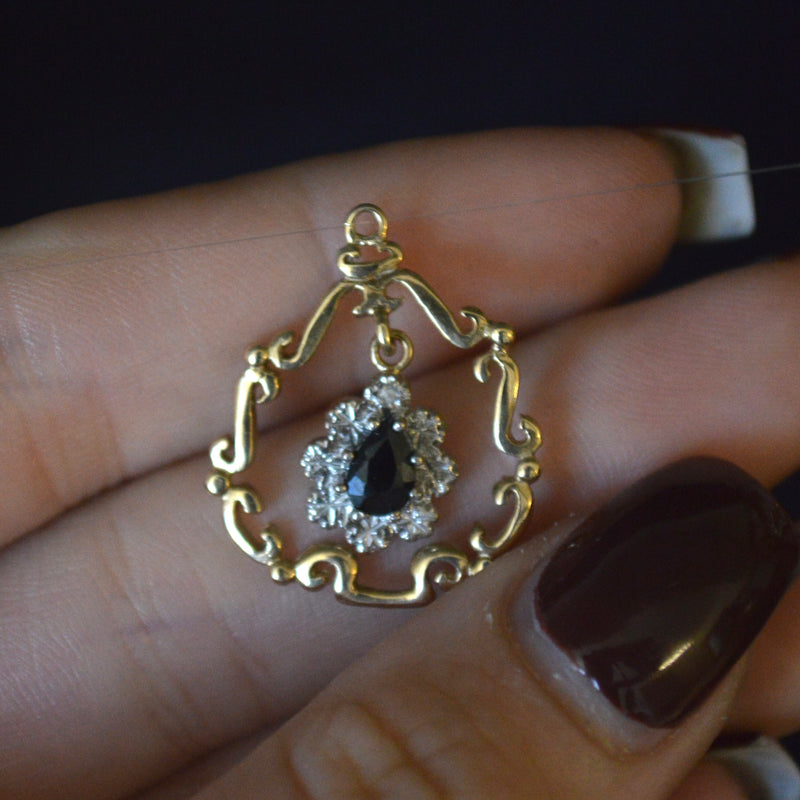 Vintage 9ct yellow gold sapphire and diamond pendant