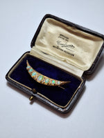 Vintage 18ct Yellow Gold Opal & Diamond crescent shaped brooch with original box