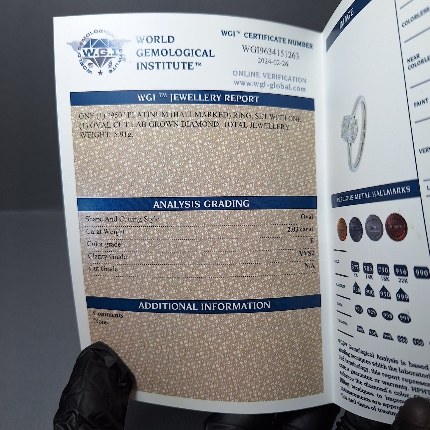 New Lab Grown 2.03ct Oval cut Diamond Ring with official certificate on a Platinum band