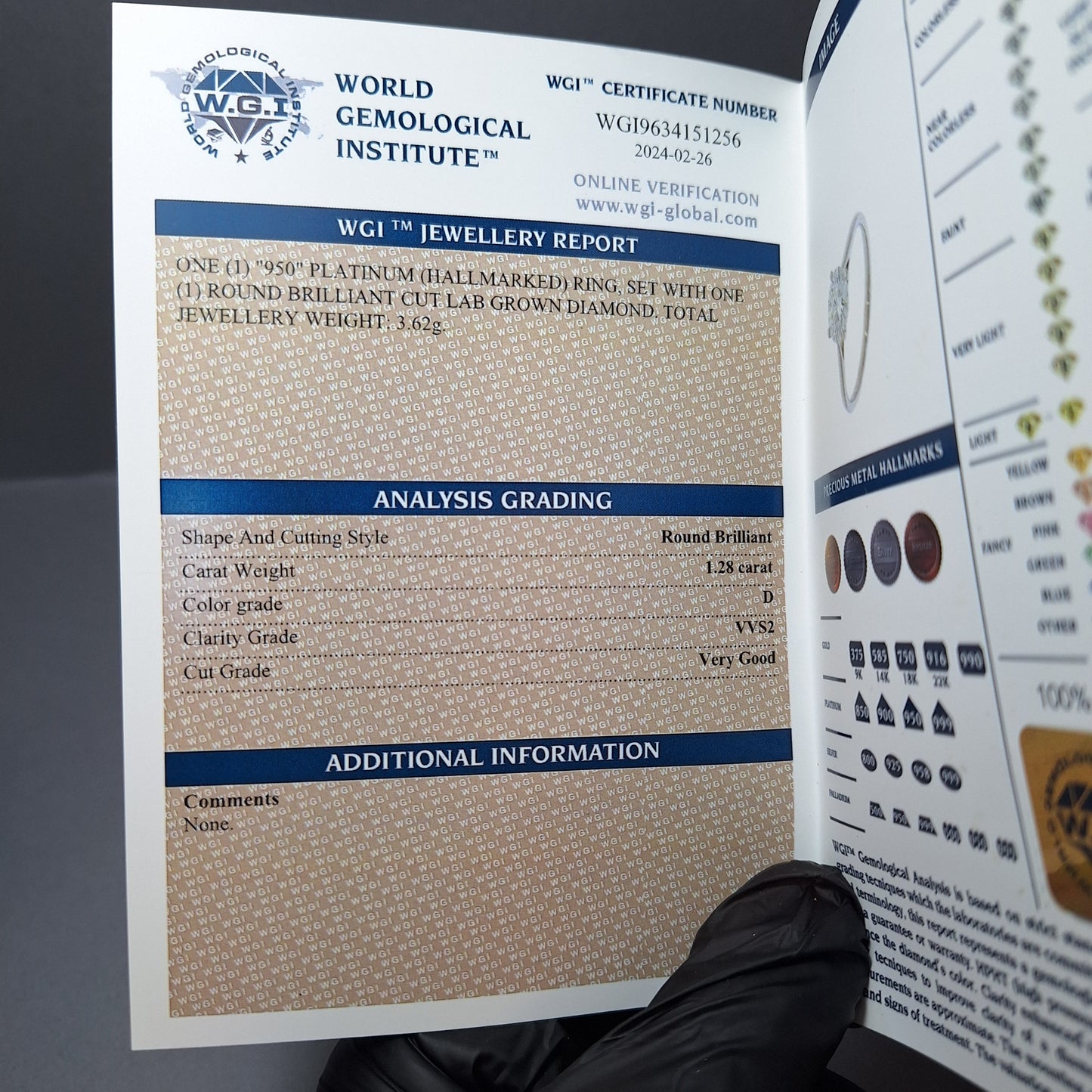 New Round Brilliant Cut 1.28ct Lab Grown Diamond on a Platinum Band