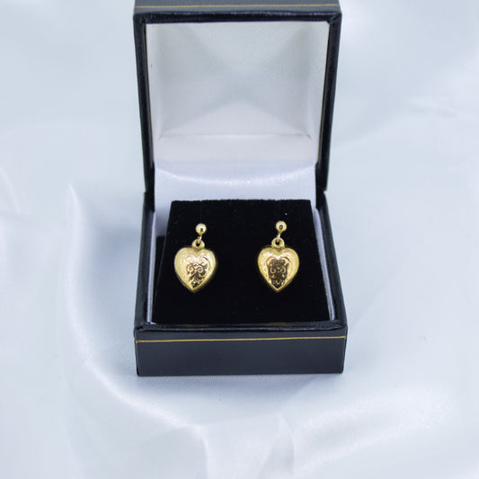 9ct Yellow Gold Filigree Heart Drop Earrings