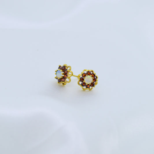 Synthetic Opal & Garnet Earrings 9ct Yellow Gold