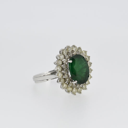 14ct White Gold Large Emerald & Diamond Cluster Cocktail Ring
