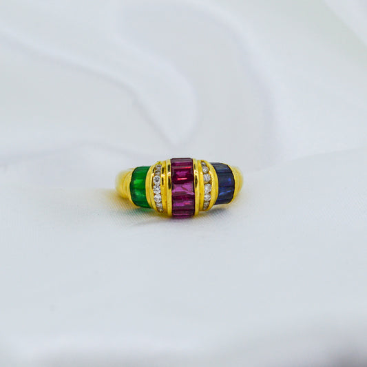 Unique Emerald, Ruby, Sapphire & Diamond 18ct Gold ring