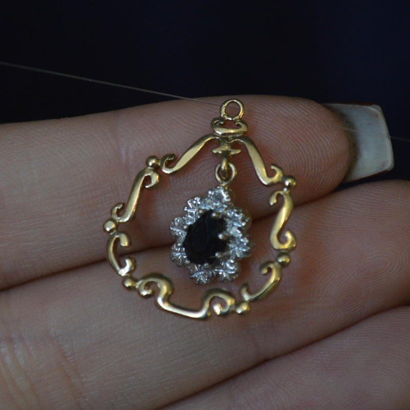Vintage 9ct yellow gold sapphire and diamond pendant