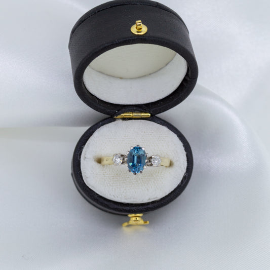 18ct Gold Blue Topaz and Diamond 3 Stone Ring