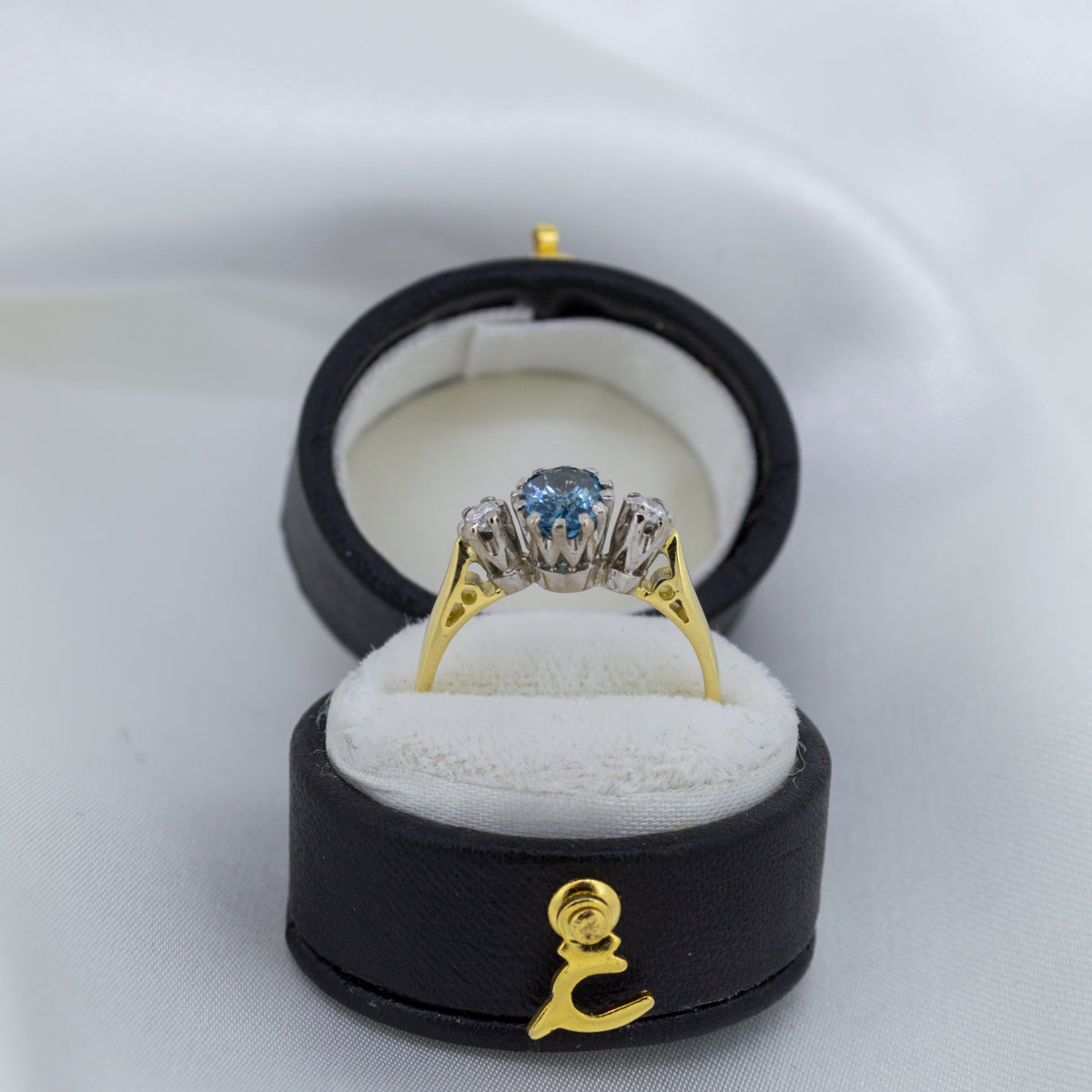 18ct Gold Blue Topaz and Diamond 3 Stone Ring