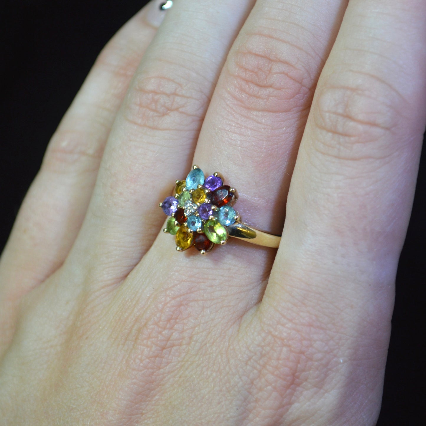 9ct Yellow Gold & Colourful Cubic Zirconia Flower Ring