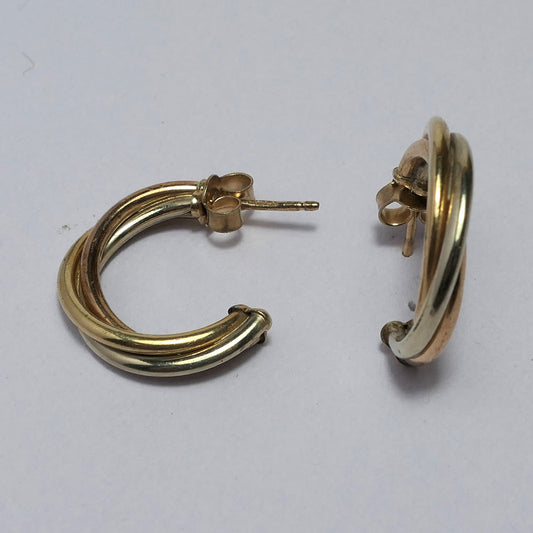 Three coloured 9ct Gold twisted half hoop earrings studs