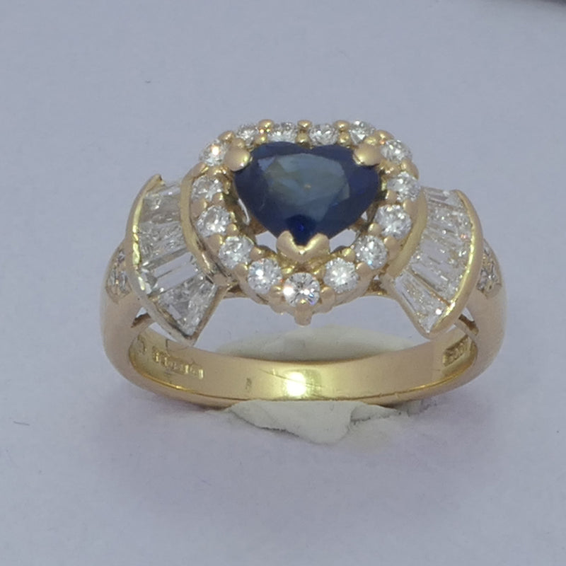 18ct Gold Blue heart shaped Sapphire and Diamond Dress Ring