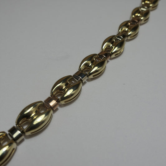 9ct Three Gold Puffed Anchor bracelet 7.5"