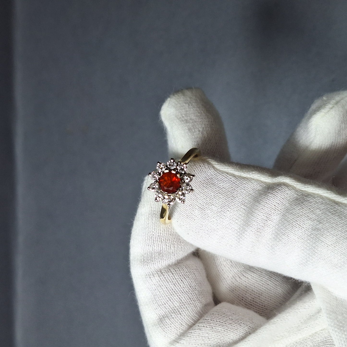 18ct Gold Fire Opal and Diamond Halo Ring