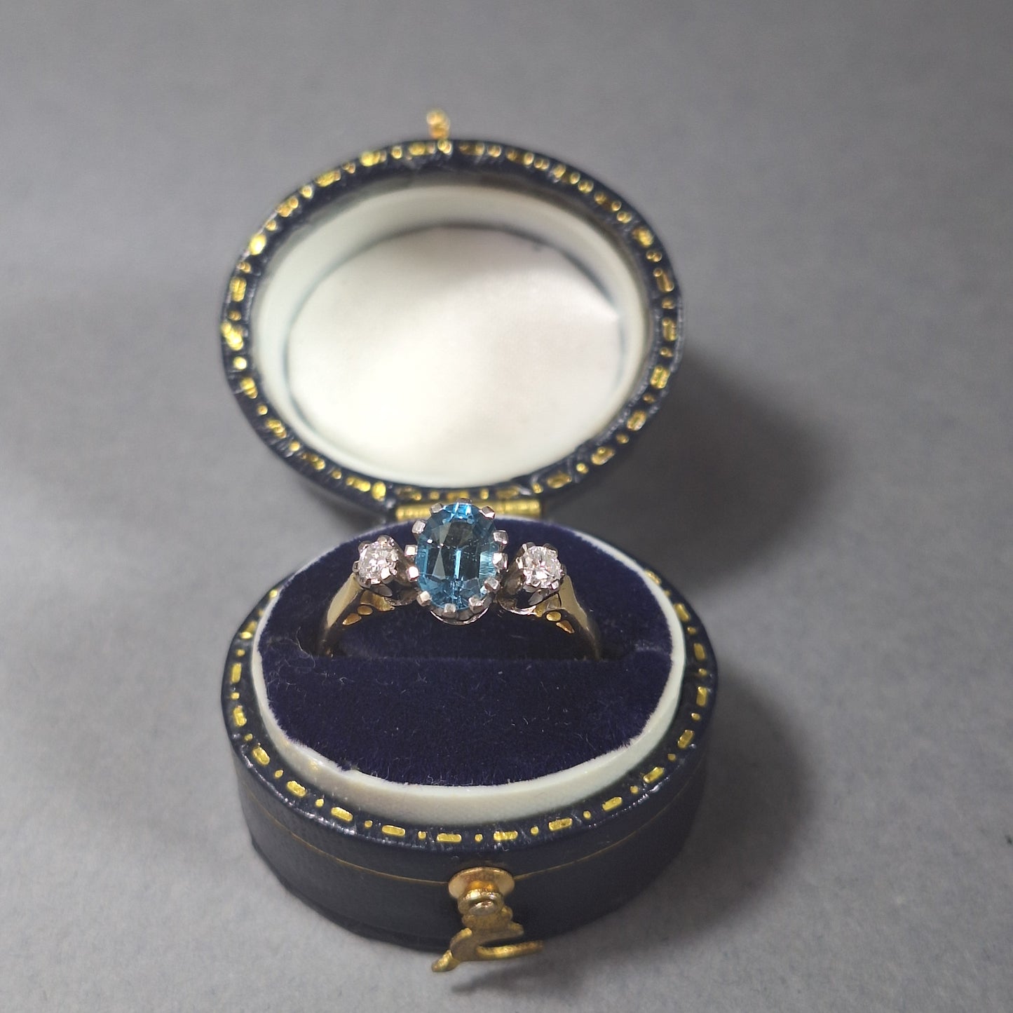 18ct Gold Blue Topaz and Diamond 3 Stone Ring