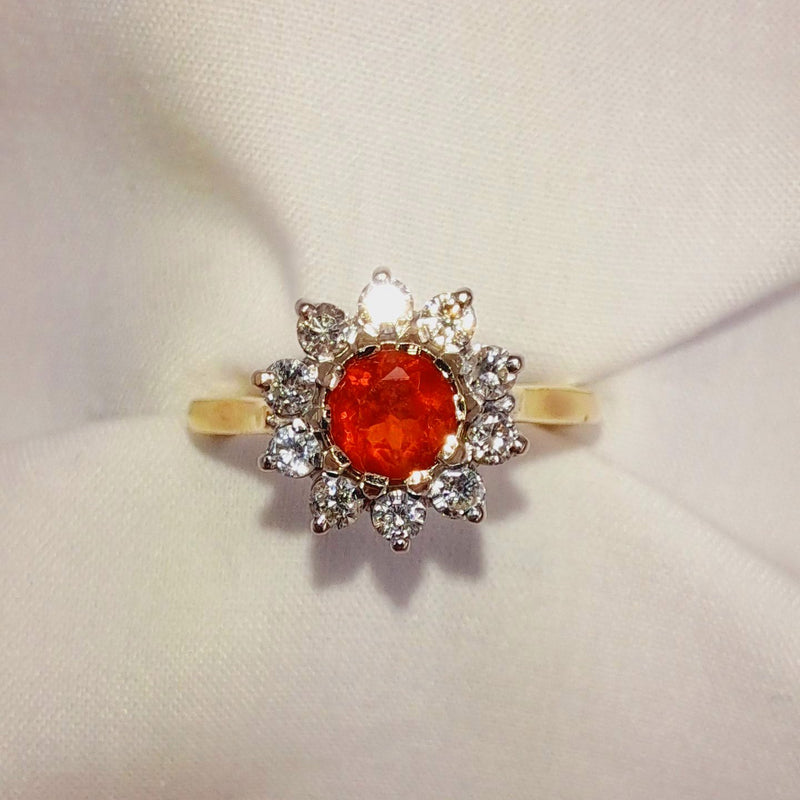 18ct Gold Fire Opal and Diamond Halo Ring