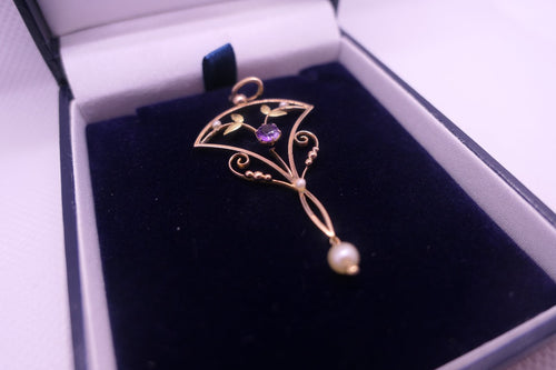 Antique 9ct Gold Pendant with Amethyst and Pearls